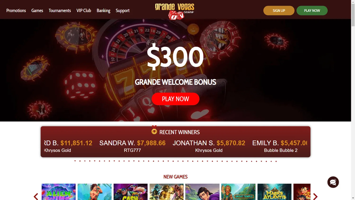 Grande Vegas Casino desktop home screen