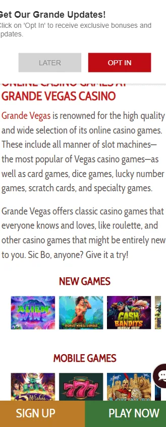 Grande Vegas Casino mobile browser games screen
