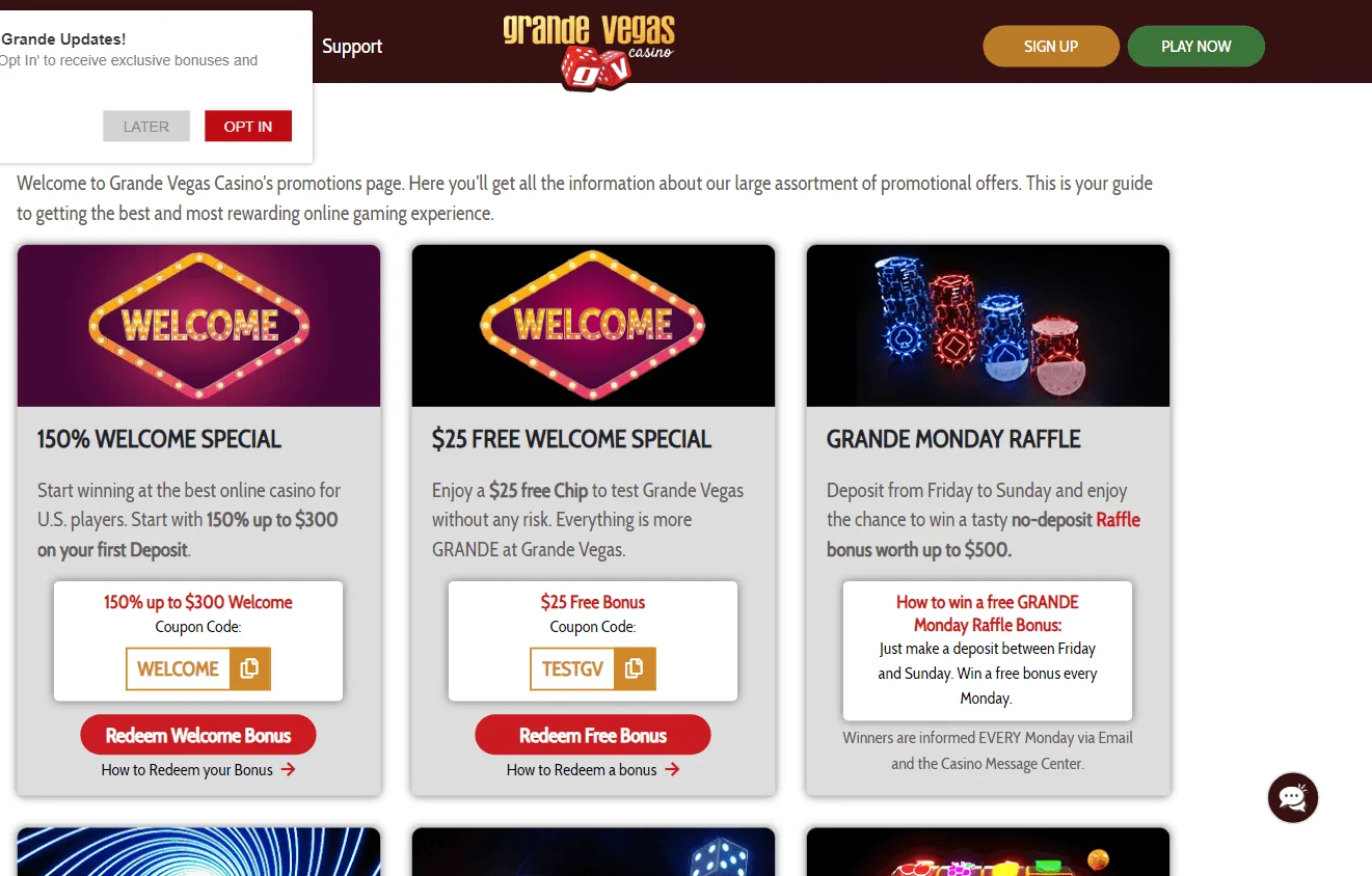 Grande Vegas Casino desktop promotions screen
