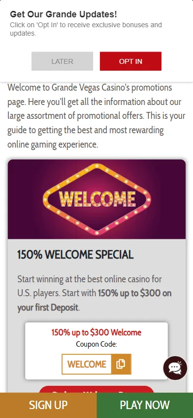 Grande Vegas Casino mobile browser promotions screen