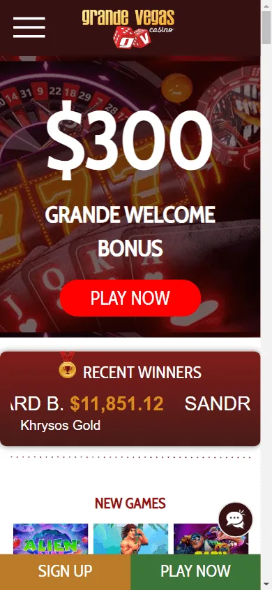 Grande Vegas Casino mobile browser home screen
