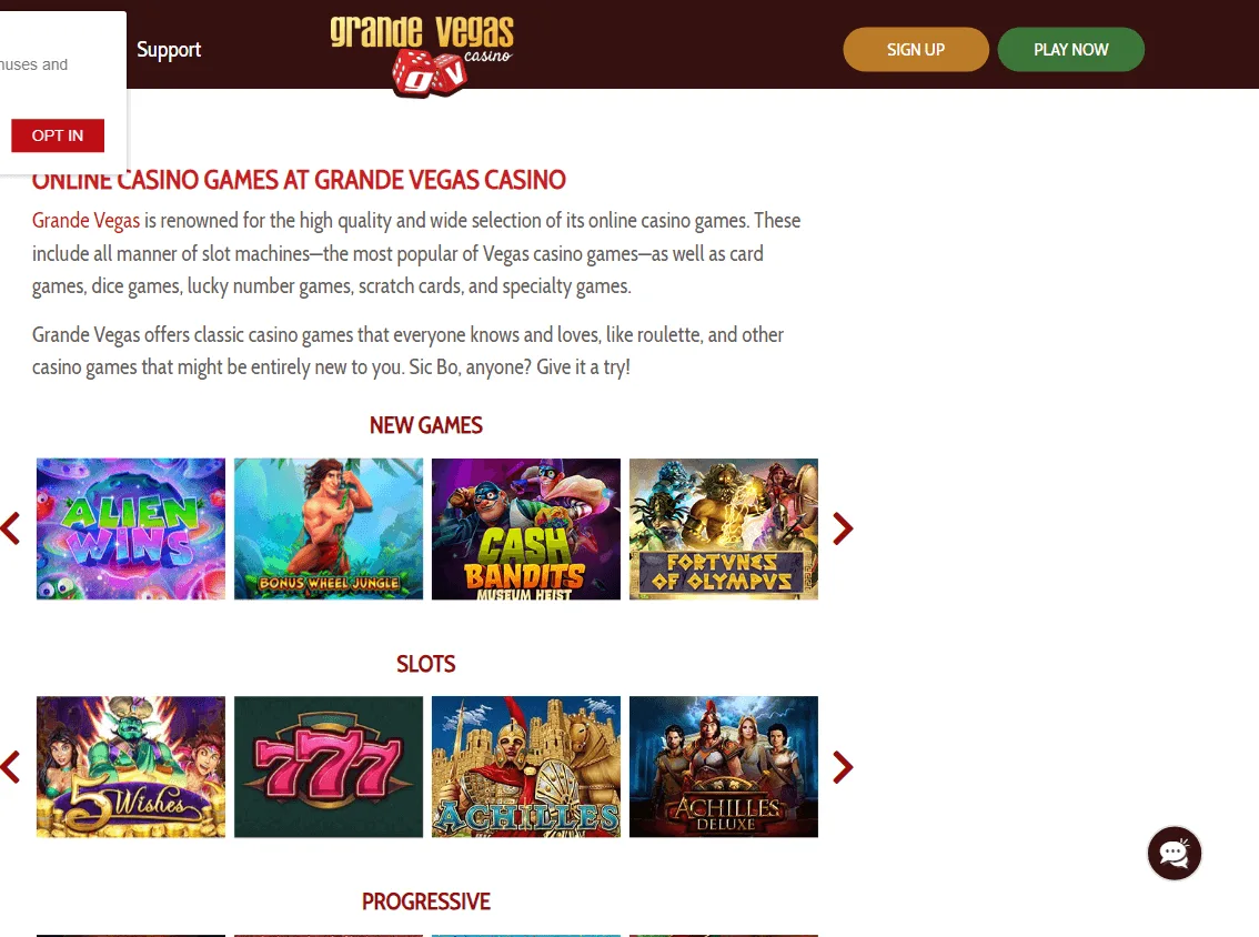 Grande Vegas Casino desktop games screen
